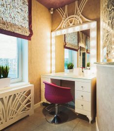 Interior of new modern beauty salon. Professional mirrors and chairs at empty hairdressers studio